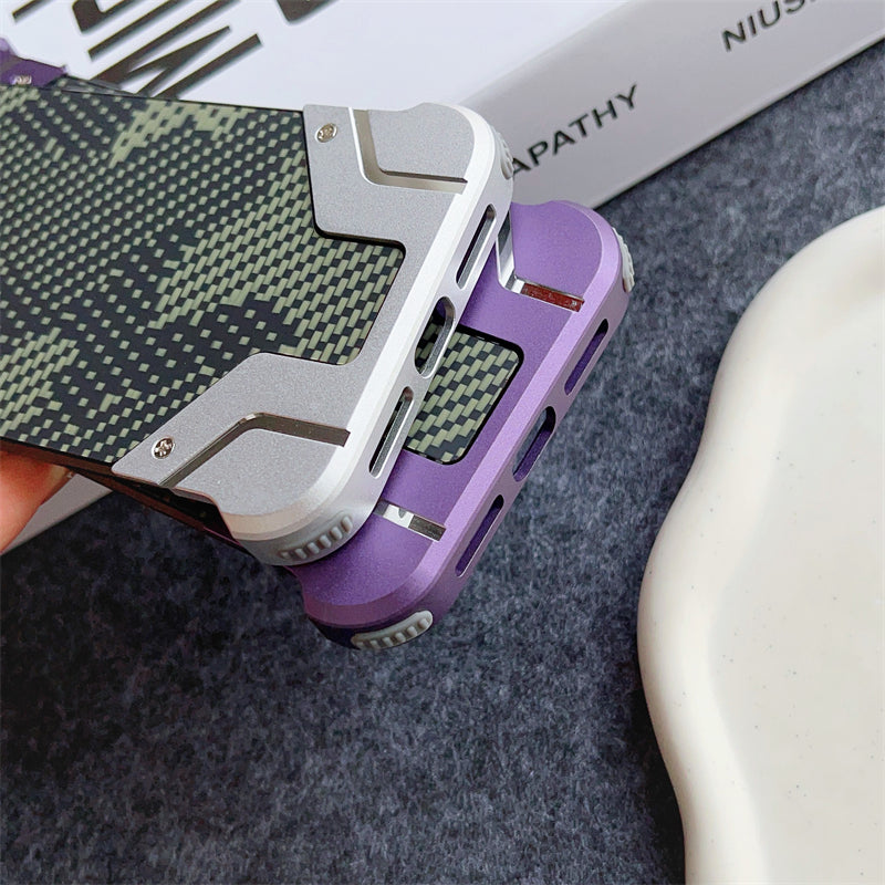 Camouflage Metal Armor Case Frameless Real Carbon Fiber Cover with Built-In Magnet for iPhone Models, Durable and Protection