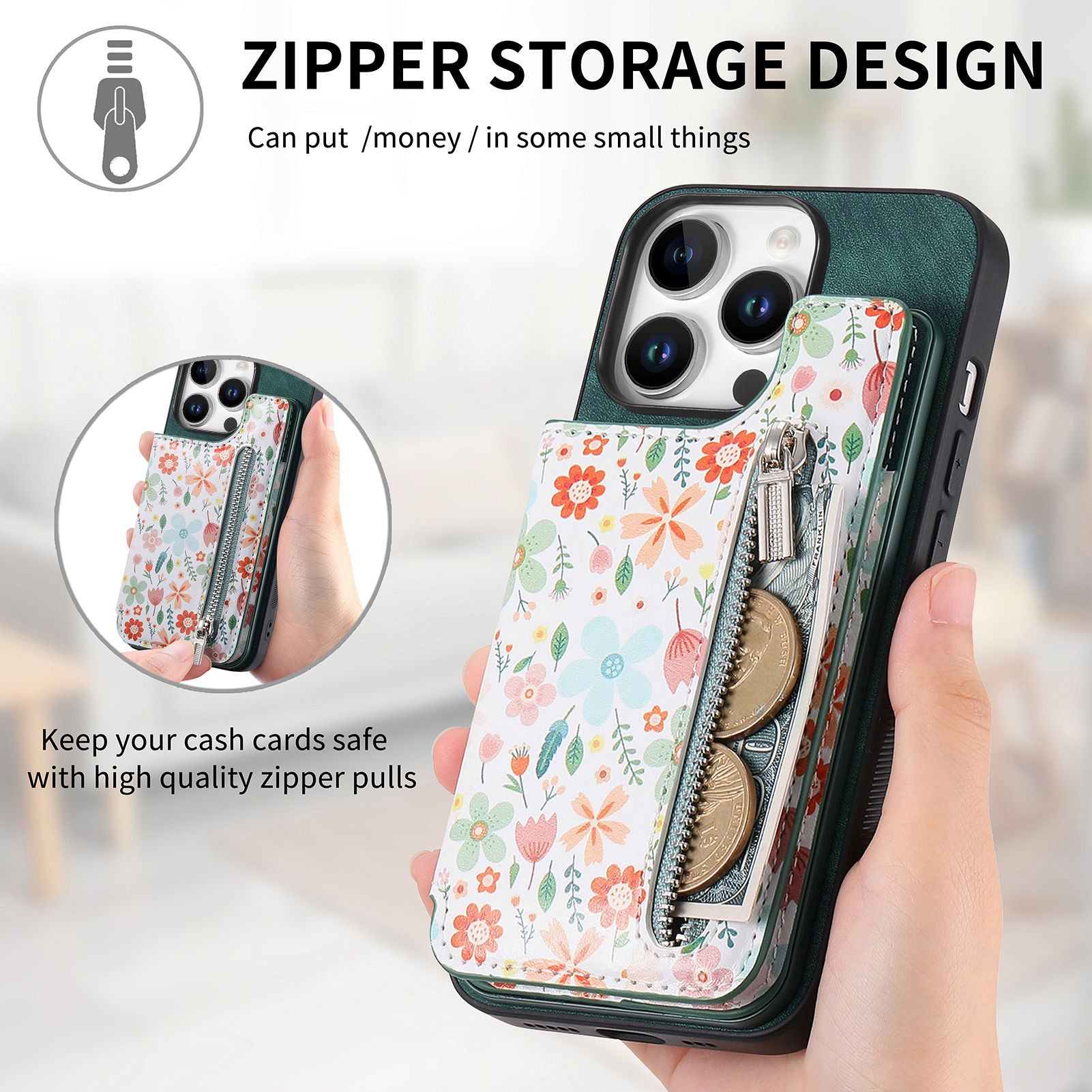 Zipper Card Slot Wallet iPhone Case – Magnetic Closure, Purse Pocket, Floral Design, Shockproof Protective Cover for iPhone