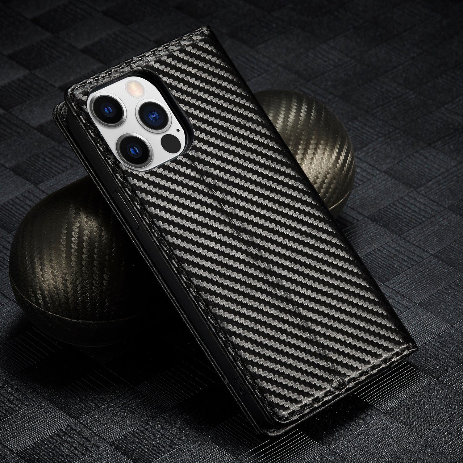 Luxury Carbon Fiber Leather Wallet iPhone Case – Magnetic Flip Cover, Card Holder, Shockproof Protection, Durable for iPhone
