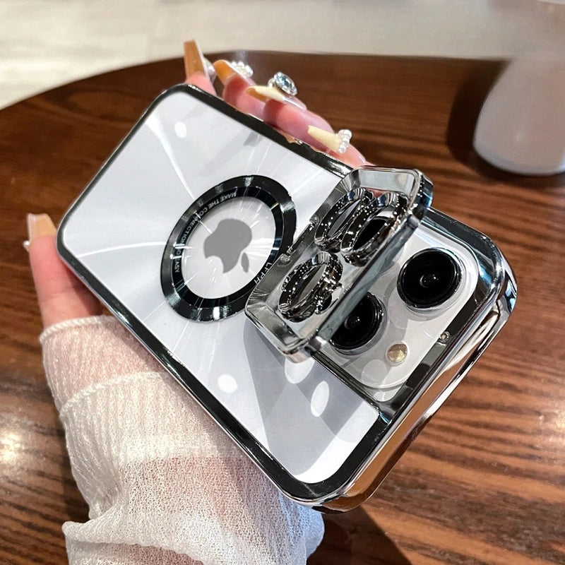 Premium Aurora Magsafe iPhone Case – Magnetic Plating CD Pattern, Shockproof, Stand Bracket, Logo Hole, Durable Protection,