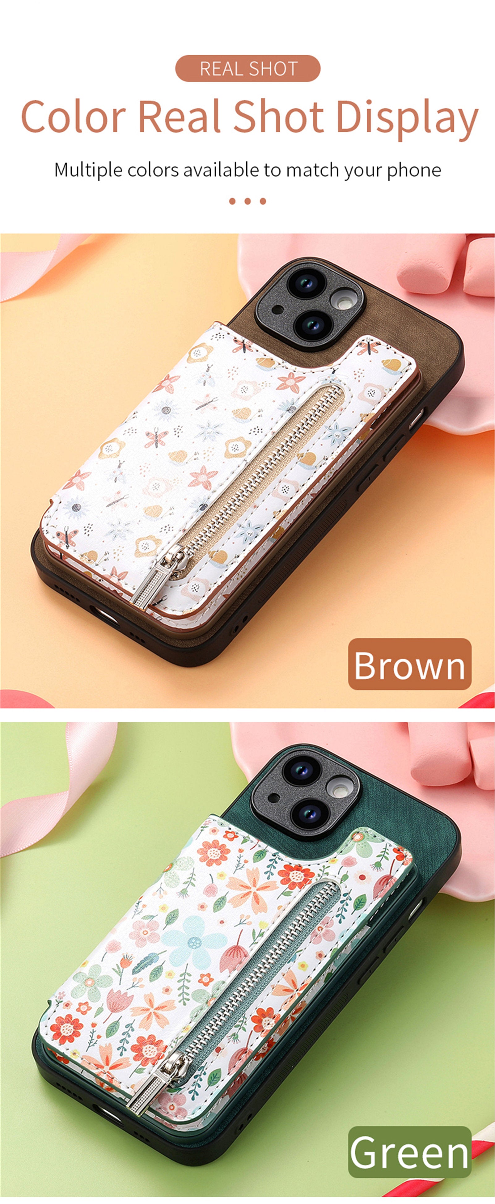 Zipper Card Slot Wallet iPhone Case – Magnetic Closure, Purse Pocket, Floral Design, Shockproof Protective Cover for iPhone