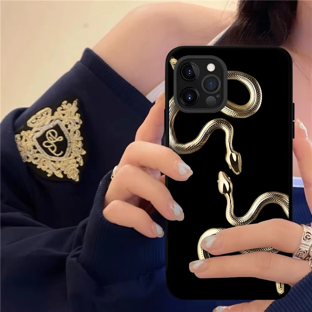 Luxury Apple iPhone Case, MagSafe Compatible, Camera Lens and Screen Protection, Ultra Thin, Shockproof, Magnetic, Full All Around Protection, Black Gold Snake Cover
