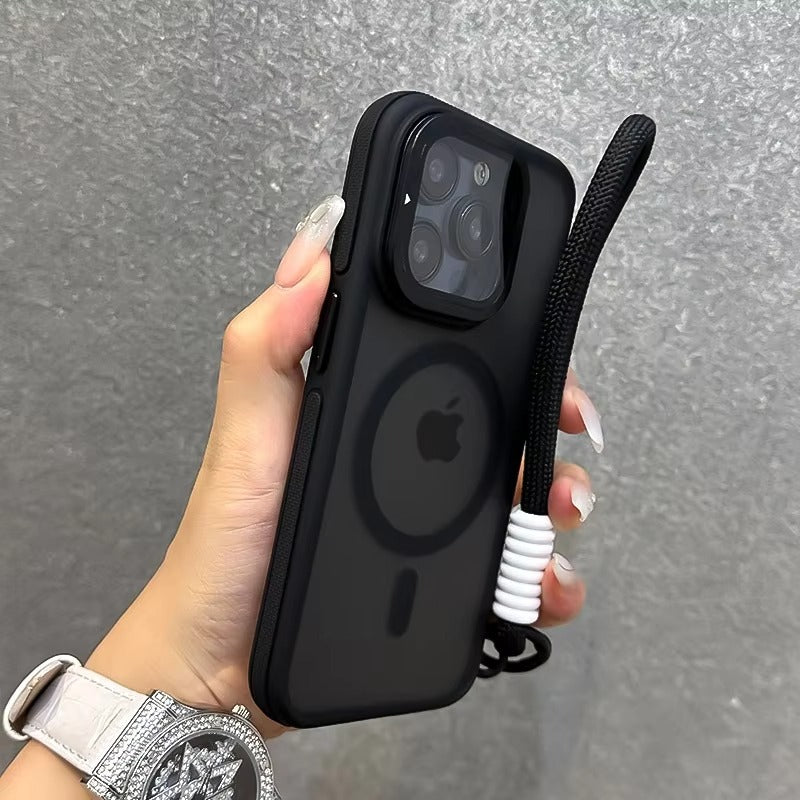 Luxury Apple iPhone Case Ultra Thin Shockproof Magnetic Full All Around Protection Cover with Matte Stand & Wrist Strap
