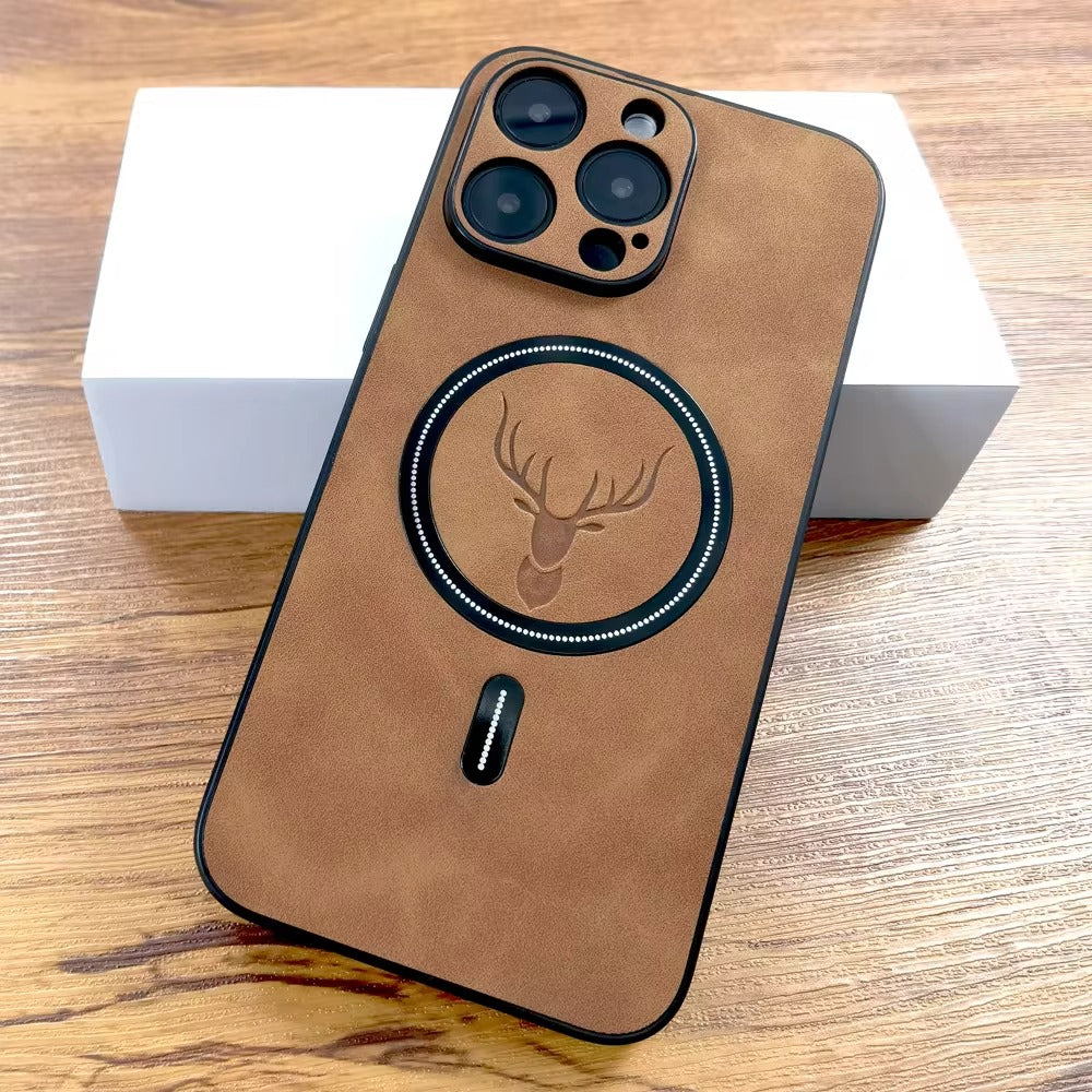 Luxury PU Leather MagSafe iPhone Case – Deer Embossed Design, Stylish & Durable Full Protection Cover | Case for iPhone