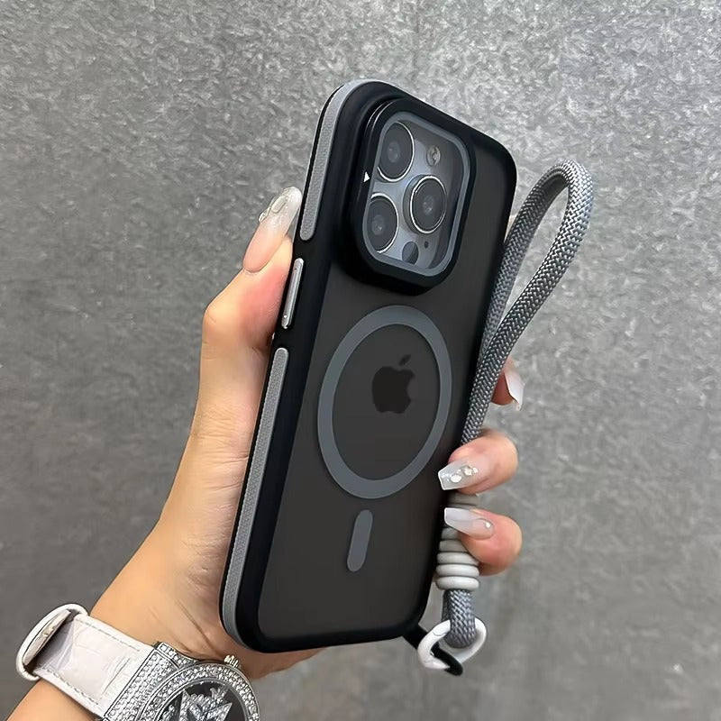 Luxury Apple iPhone Case Ultra Thin Shockproof Magnetic Full All Around Protection Cover with Matte Stand & Wrist Strap
