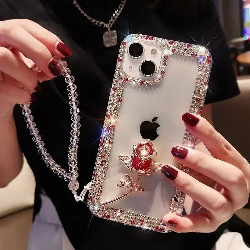 Luxury Apple iPhone Case, MagSafe Compatible, Camera Lens & Screen Protection, Ultra Thin, Shockproof, Magnetic Full All Around Cover – Diamond Bling Rhinestone Case with Glitter Rose Design for Sparkling Protection