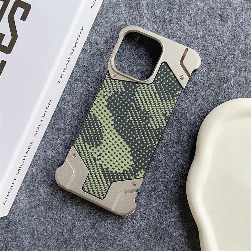 Camouflage Metal Armor Case Frameless Real Carbon Fiber Cover with Built-In Magnet for iPhone Models, Durable and Protection