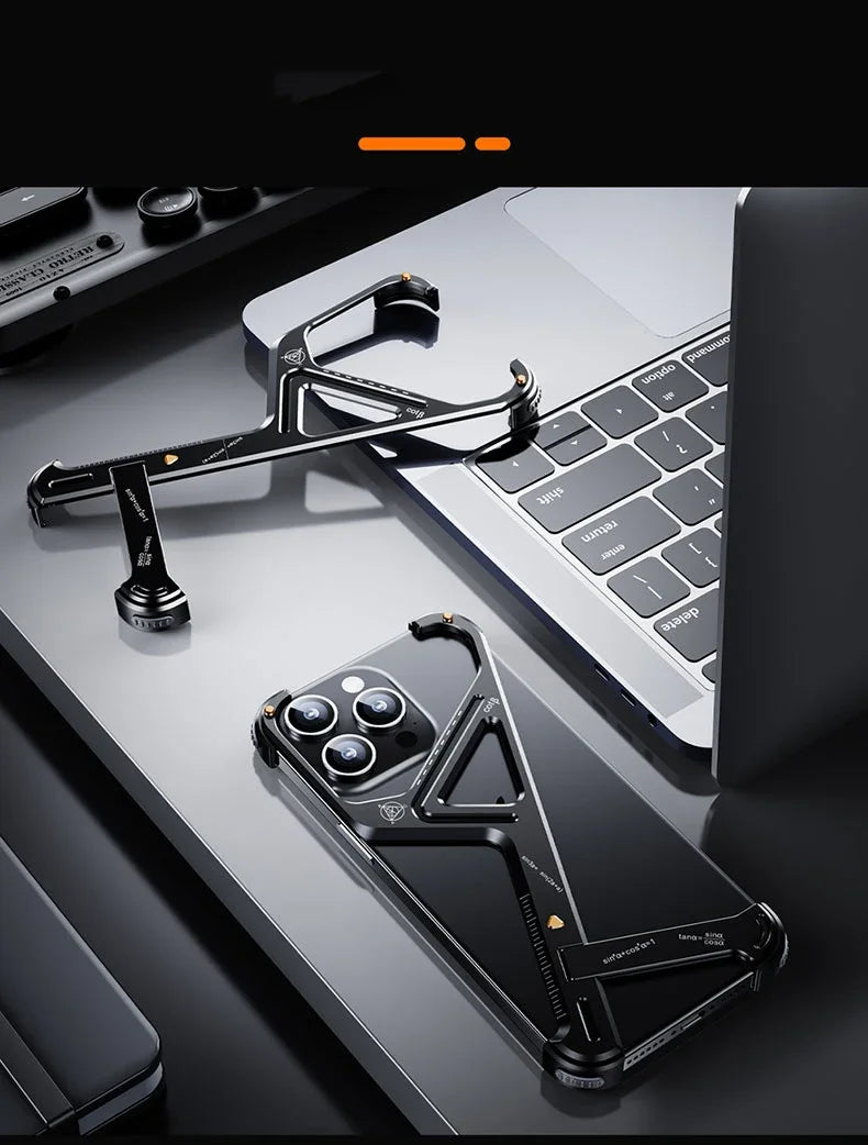 Luxury Geometric Metal iPhone Case – Aluminum Alloy Shockproof Cover with Stand for iPhone Models Stylish and Durable Design