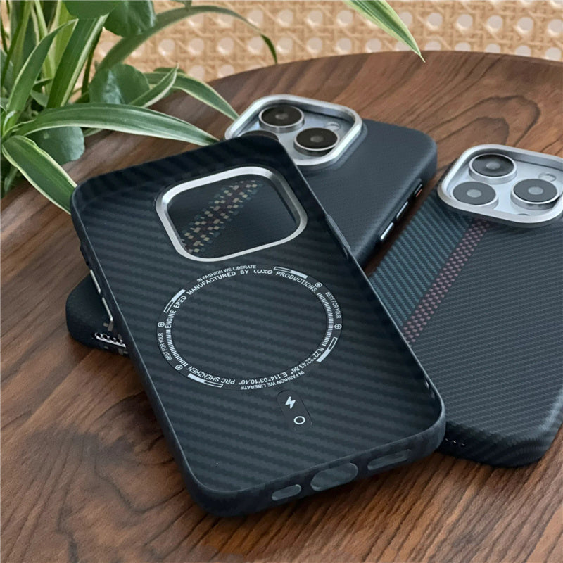 Hit Color Carbon Fiber Texture MagSafe iPhone Case – Wireless Charging Hard PC Cover with Relief Design for iPhone Models