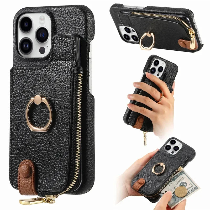 Luxury Leather Zipper Wallet iPhone Case – Card Holder, Ring Kickstand, Shockproof Cover for iPhone Models
