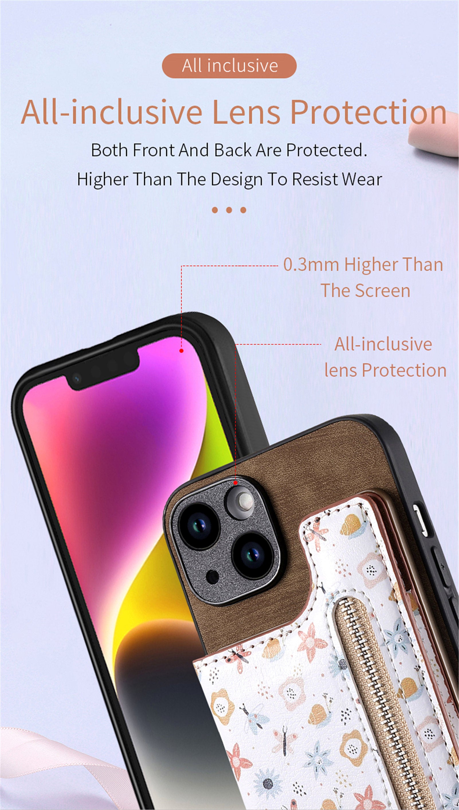 Zipper Card Slot Wallet iPhone Case – Magnetic Closure, Purse Pocket, Floral Design, Shockproof Protective Cover for iPhone