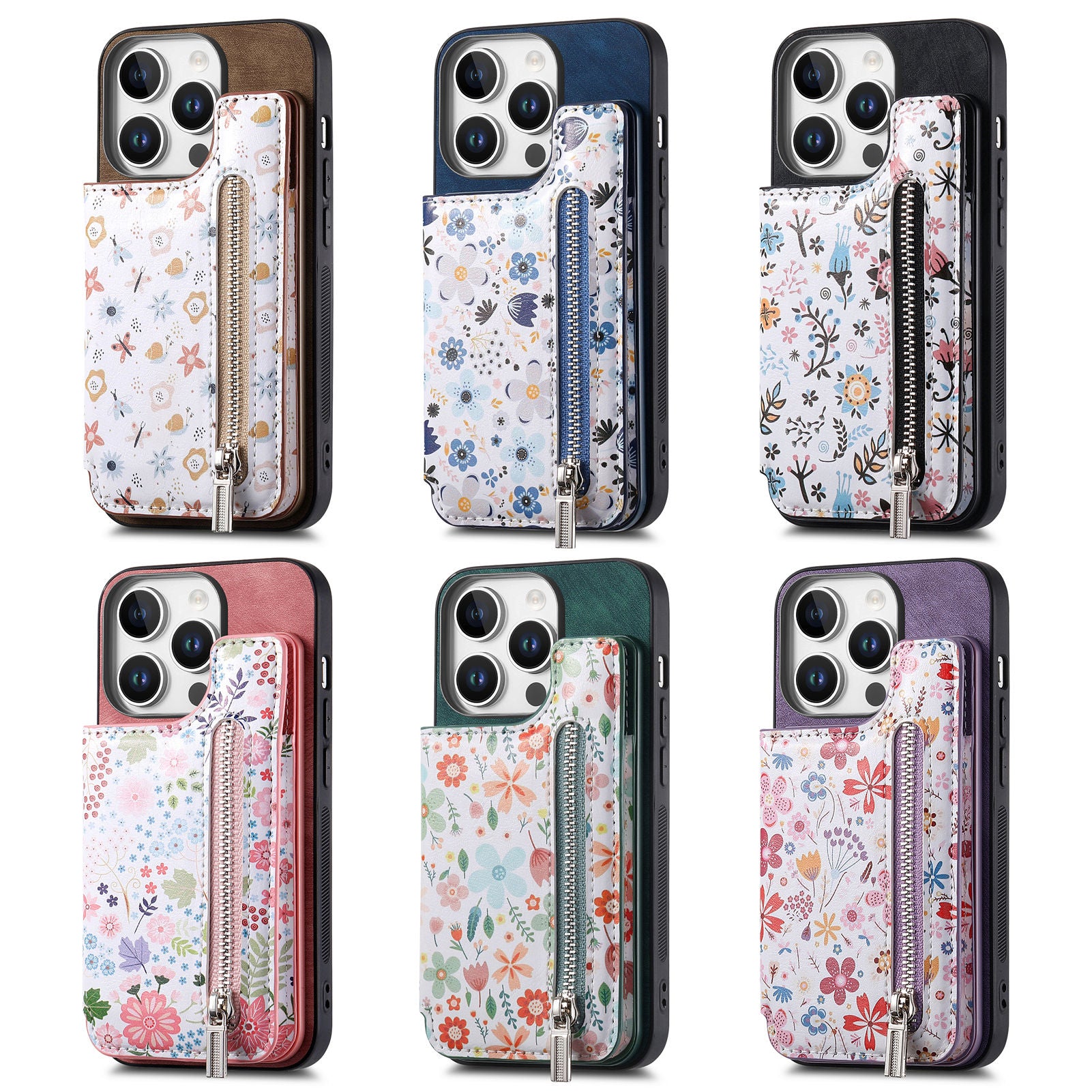 Zipper Card Slot Wallet iPhone Case – Magnetic Closure, Purse Pocket, Floral Design, Shockproof Protective Cover for iPhone