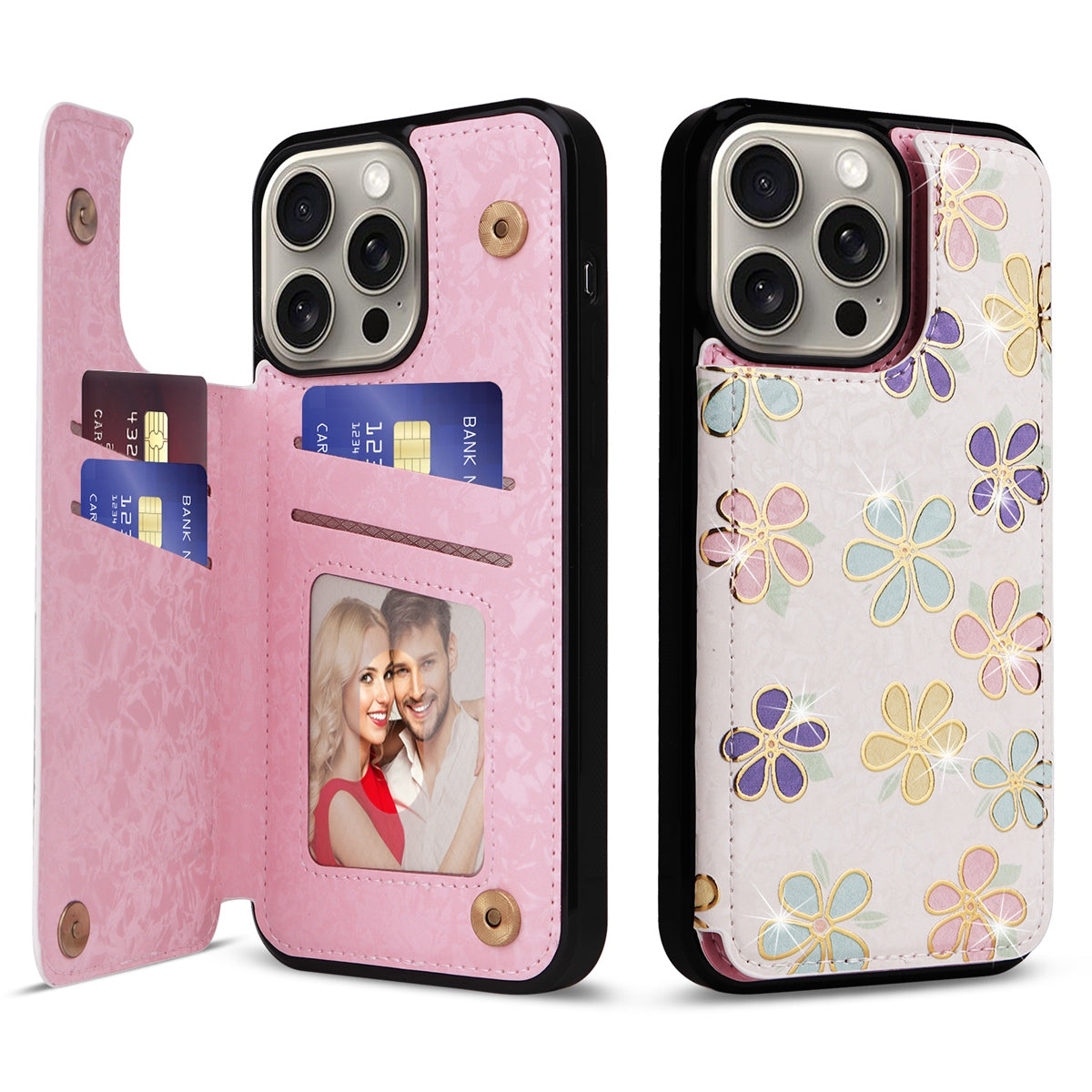 Hot Stamped Floral Wallet iPhone Case – Card Slots Magnetic Closure, Elegant Leather Design, Shockproof Protection for iPhone