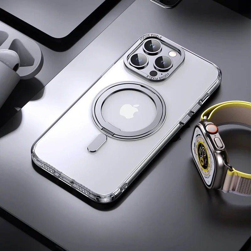 Luxury Magnetic 360° Rotating Stand Frosted Transparent Cover with Ring Holder Shockproof & Hands-Free Design Case for iPhone