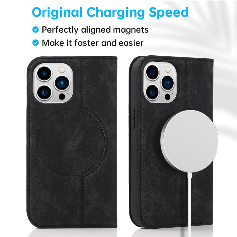 Luxury Magnetic Leather Wallet iPhone Case – MagSafe Wireless Charging, Card Slot, Stand Feature, Premium Protection, Stylish & Durable Cover