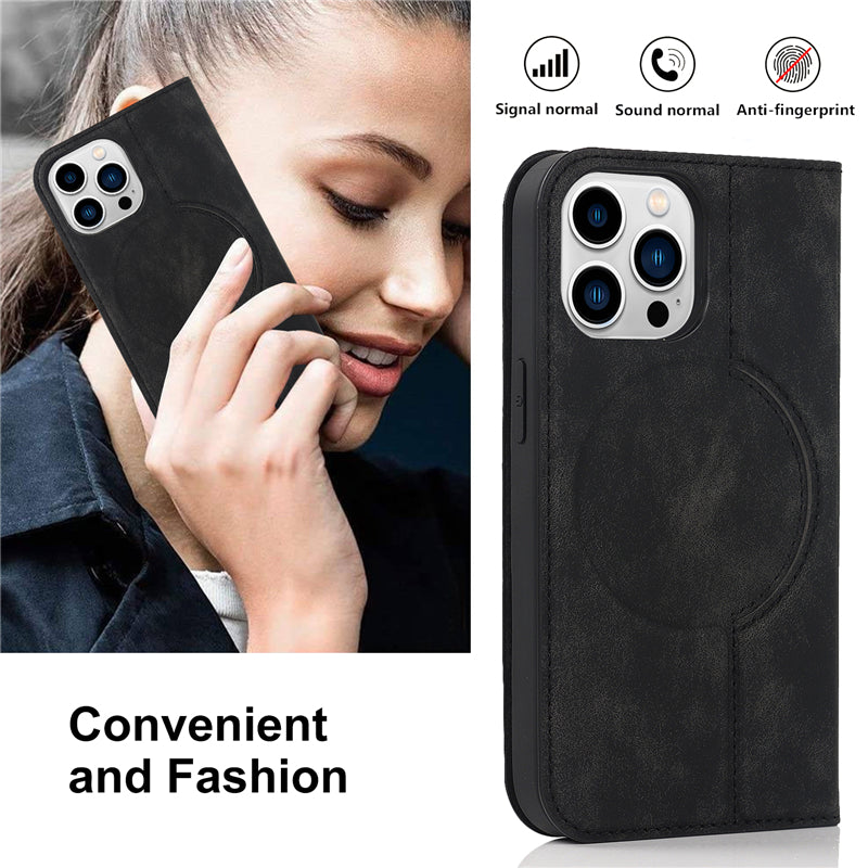 Luxury Magnetic Leather Wallet iPhone Case – MagSafe Wireless Charging, Card Slot, Stand Feature, Premium Protection, Stylish & Durable Cover