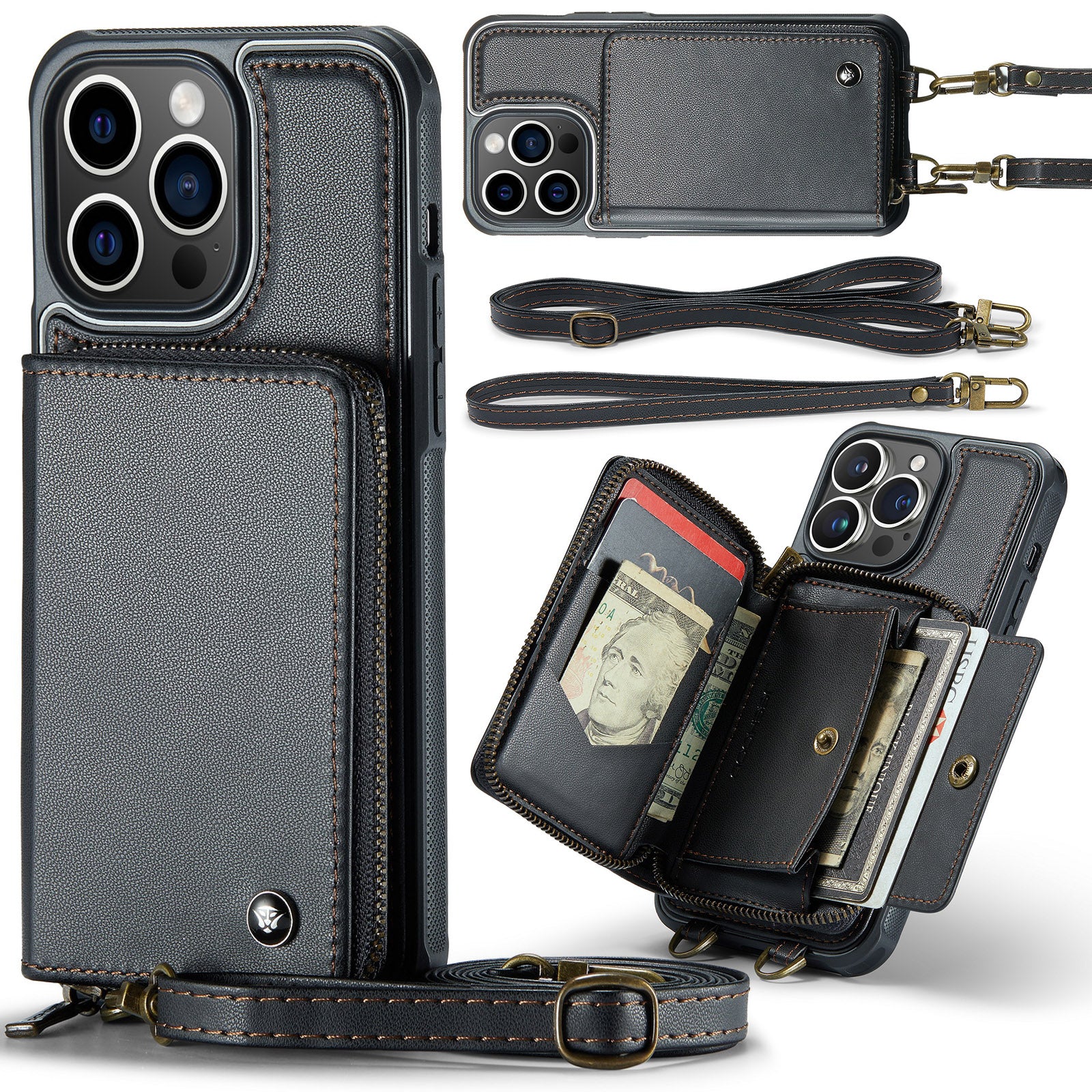 Luxury Leather Wallet Crossbody iPhone Case – Card Slot Holder, Stand Function, Hand Lanyard Strap, Shockproof Protection for iPhone