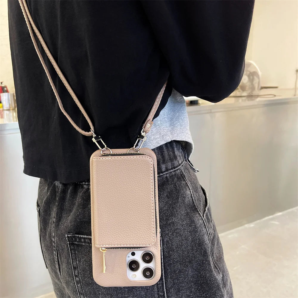 Luxury Zipper Wallet Crossbody iPhone Case – Leather Cover with , Shoulder Lanyard, and Full Protection for iPhone Models