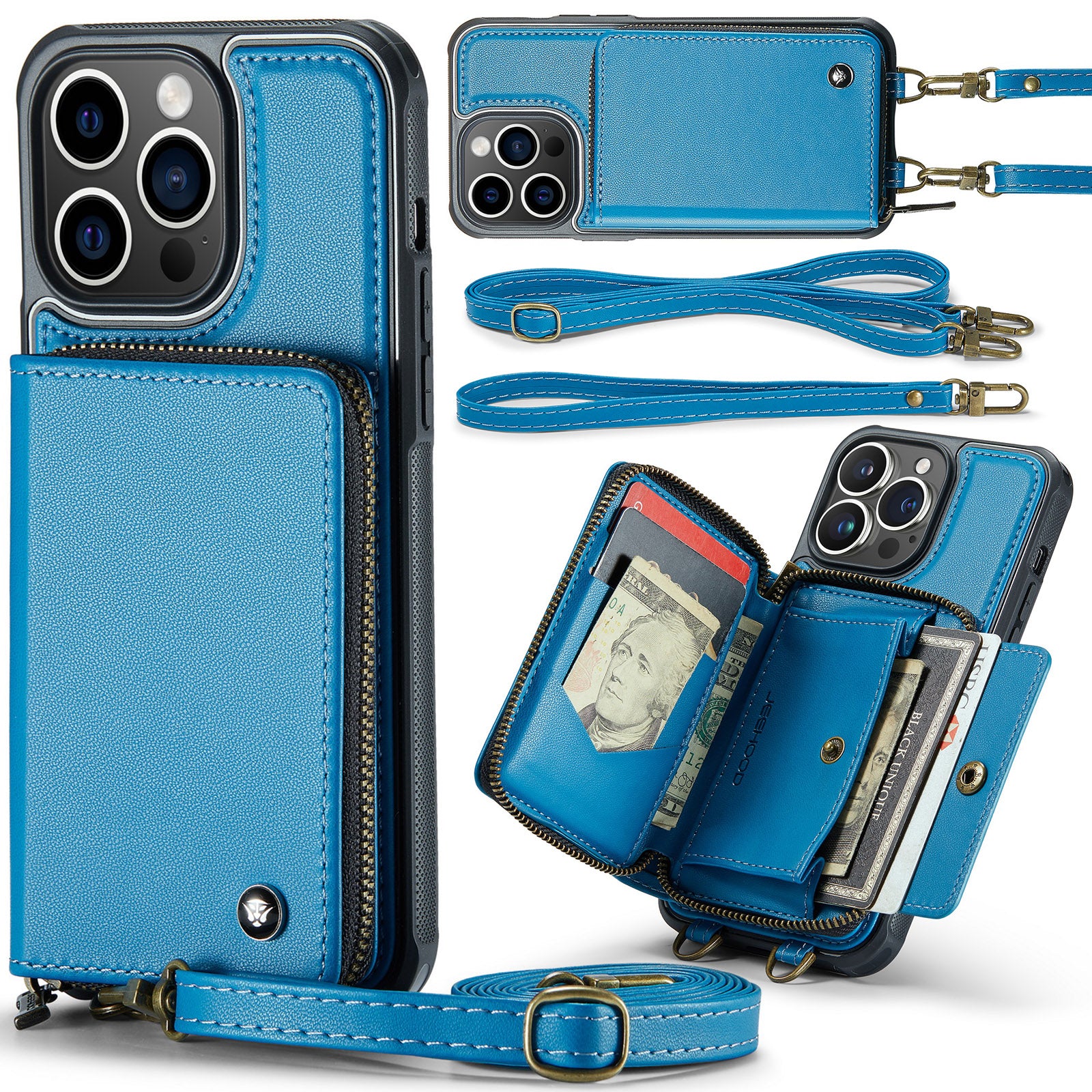 Luxury Leather Wallet Crossbody iPhone Case – Card Slot Holder, Stand Function, Hand Lanyard Strap, Shockproof Protection for iPhone