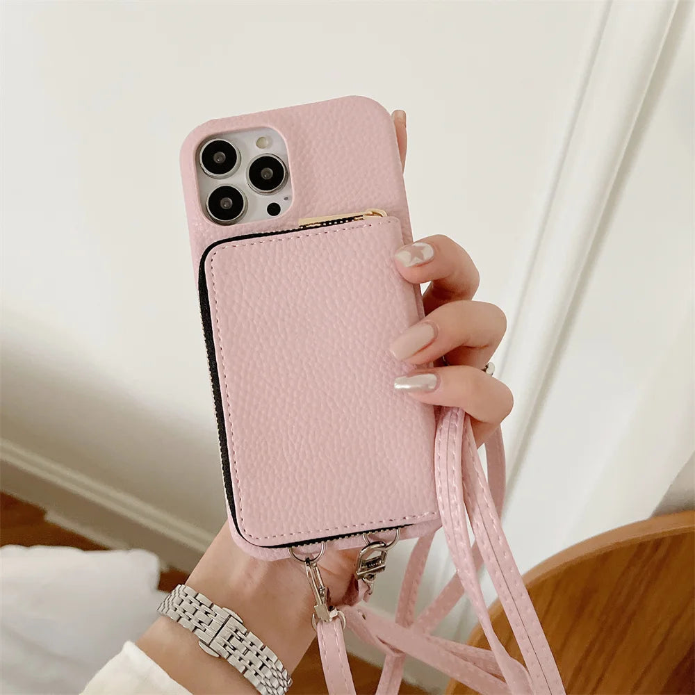 Luxury Zipper Wallet Crossbody iPhone Case – Leather Cover with , Shoulder Lanyard, and Full Protection for iPhone Models