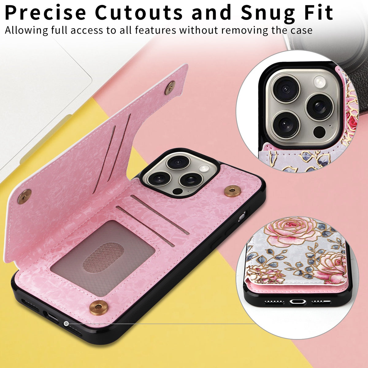 Hot Stamped Floral Wallet iPhone Case – Card Slots Magnetic Closure, Elegant Leather Design, Shockproof Protection for iPhone