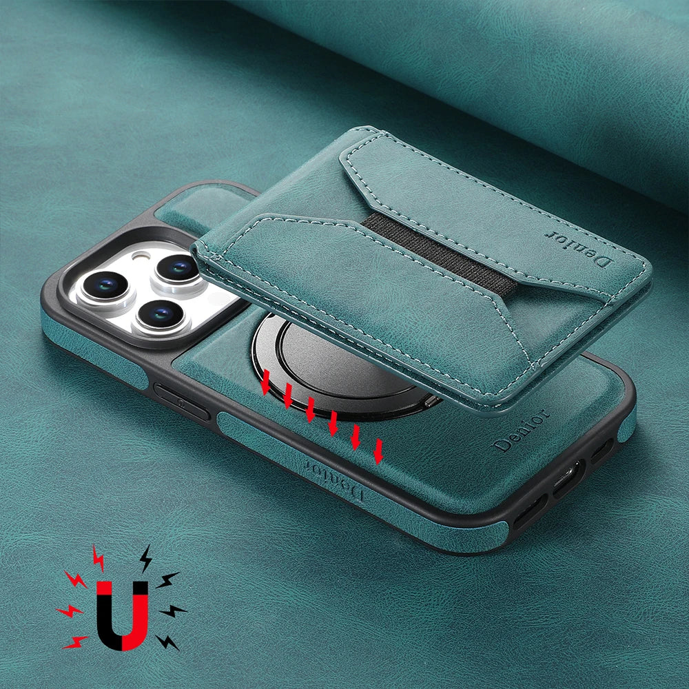 Luxury Magnetic Card Holder iPhone Case – 360° Rotating Stand, Multifunctional Leather Wallet, Shockproof Protection, MagSafe Compatible Cover for iPhone Models