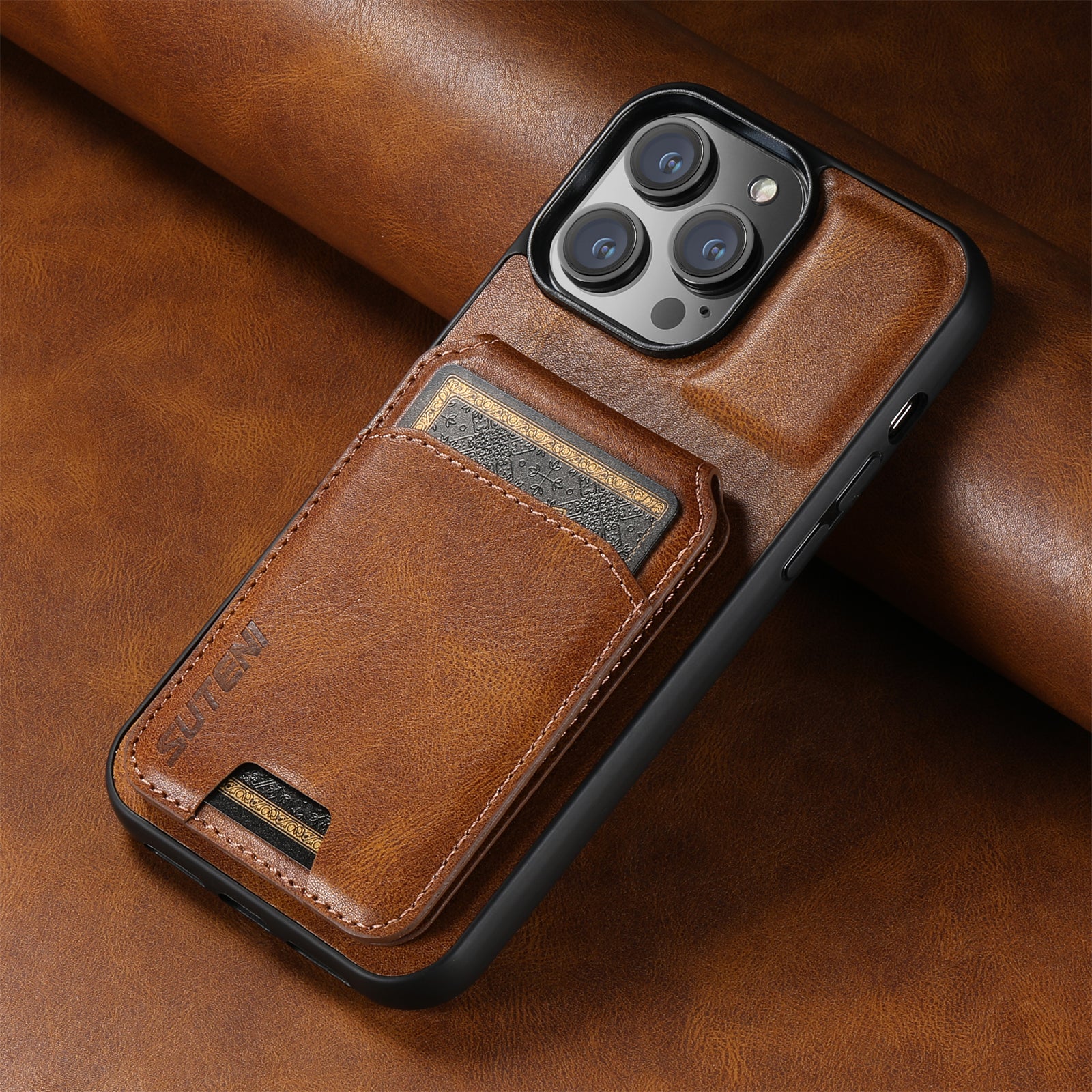 SUTENI Card Holder Leather Wallet iPhone Case – Magnetic Closure, Pocket Cover, Shockproof Protection for iPhone Models