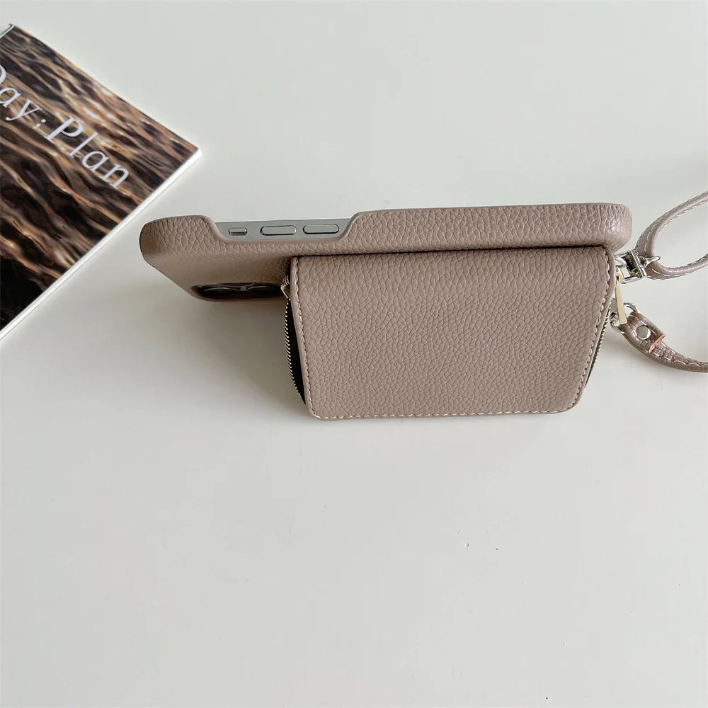 Luxury Zipper Wallet Crossbody iPhone Case – Leather Cover with , Shoulder Lanyard, and Full Protection for iPhone Models