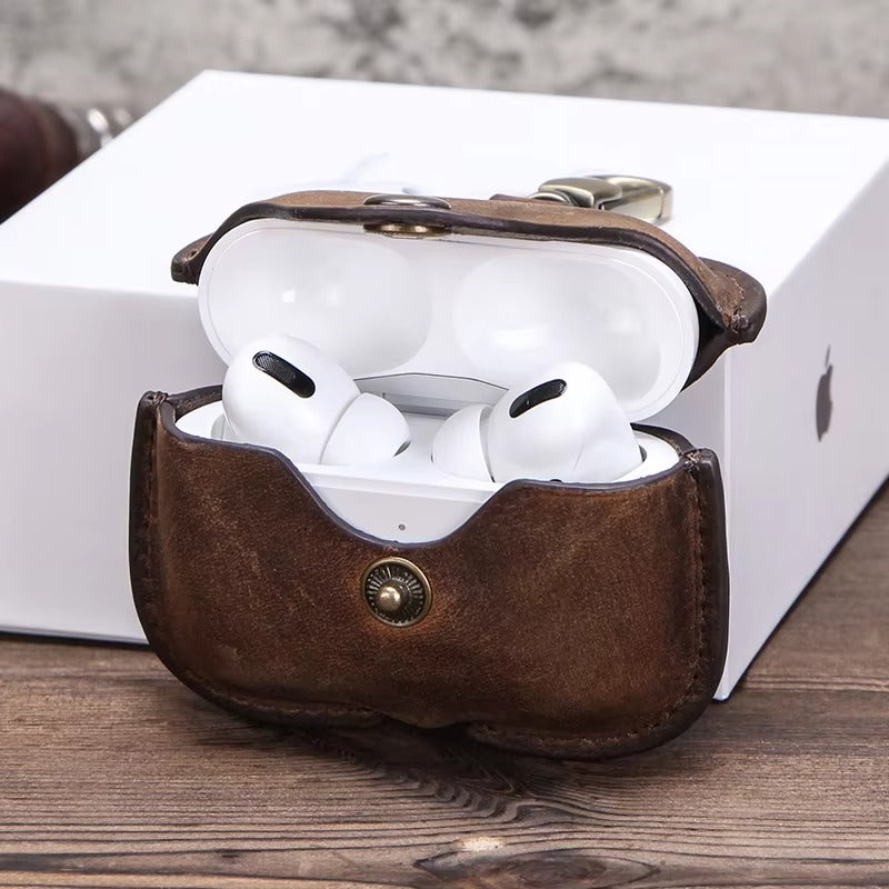 Luxury Genuine Leather Case for AirPods Pro, 2, 1 – Wireless Earphone Protective Cover, Elegant Funda with Keychain Hook, Shockproof and Stylish Design