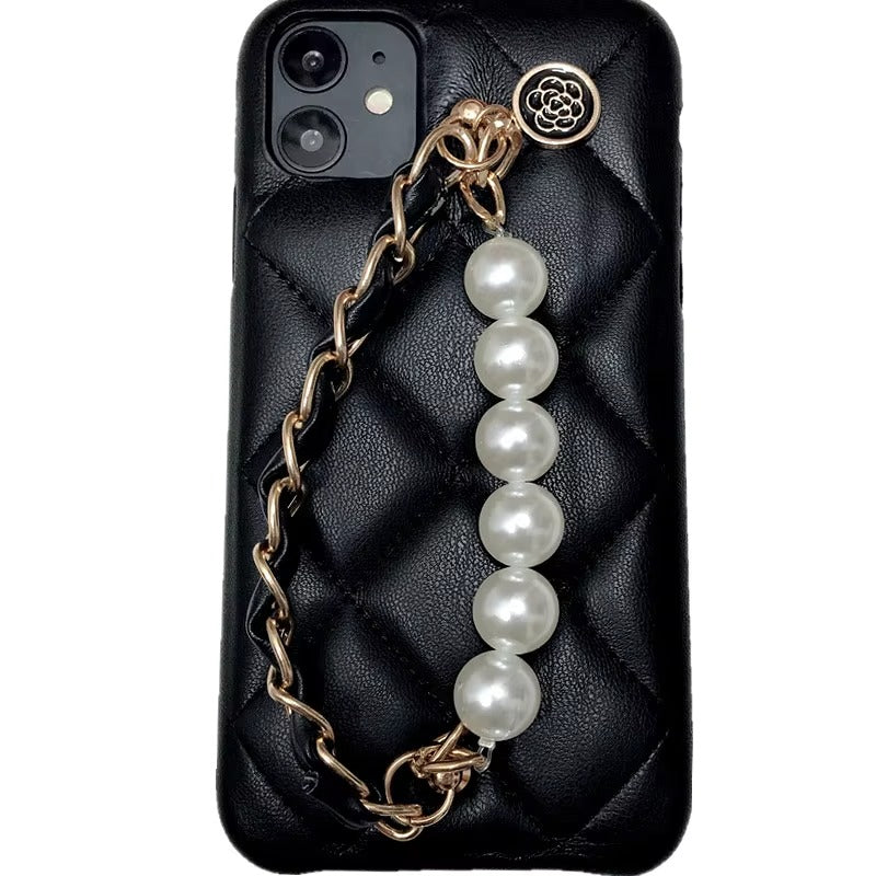 High Quality Apple iPhone Case, MagSafe Compatible, Camera Lens & Screen Protection, Ultra Thin, Shockproof, Magnetic Full All Around Cover – Lambskin Leather Handbag Case with Flower Pearl Strap & Long Metal Chain