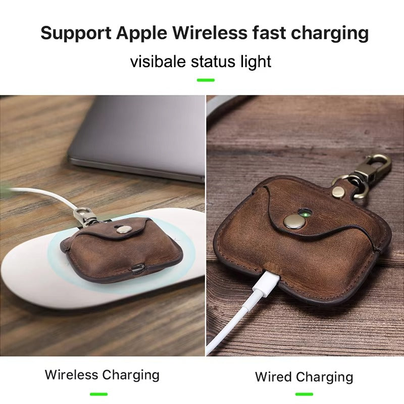 Luxury Genuine Leather Case for AirPods Pro, 2, 1 – Wireless Earphone Protective Cover, Elegant Funda with Keychain Hook, Shockproof and Stylish Design