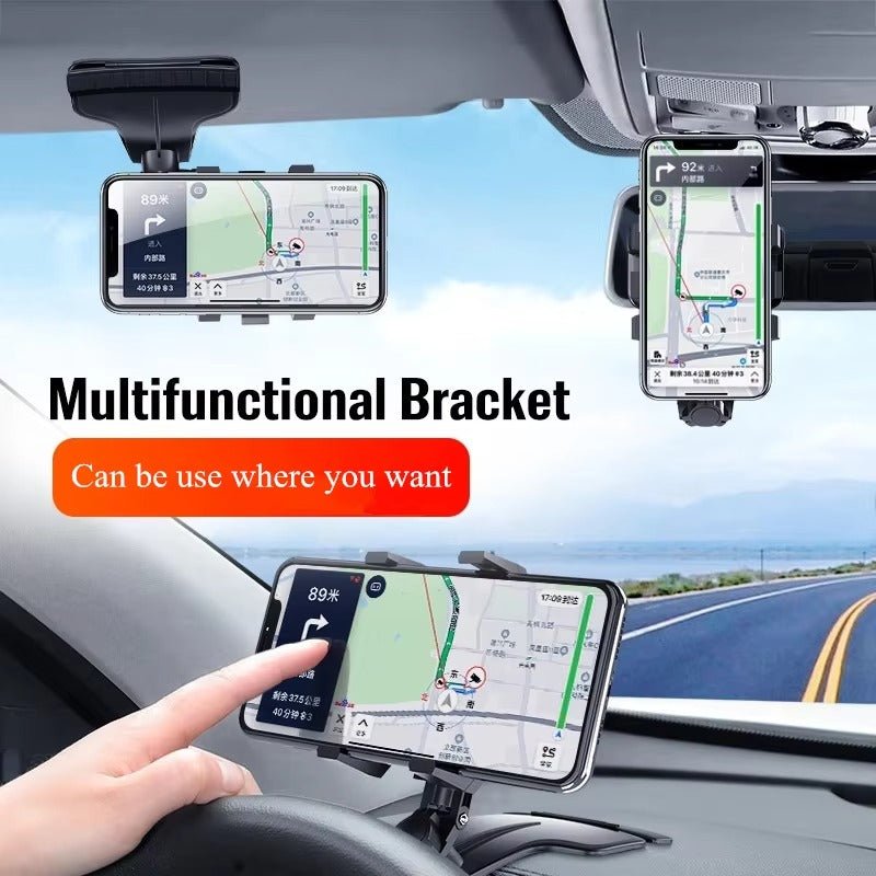 Universal Car Phone Holder Mount – 3-in-1 Clip for Dashboard, Rearview Mirror, Sun Visor | Adjustable 3–7.2" Support, Anti-Slip, 360° Rotation, ABS Build