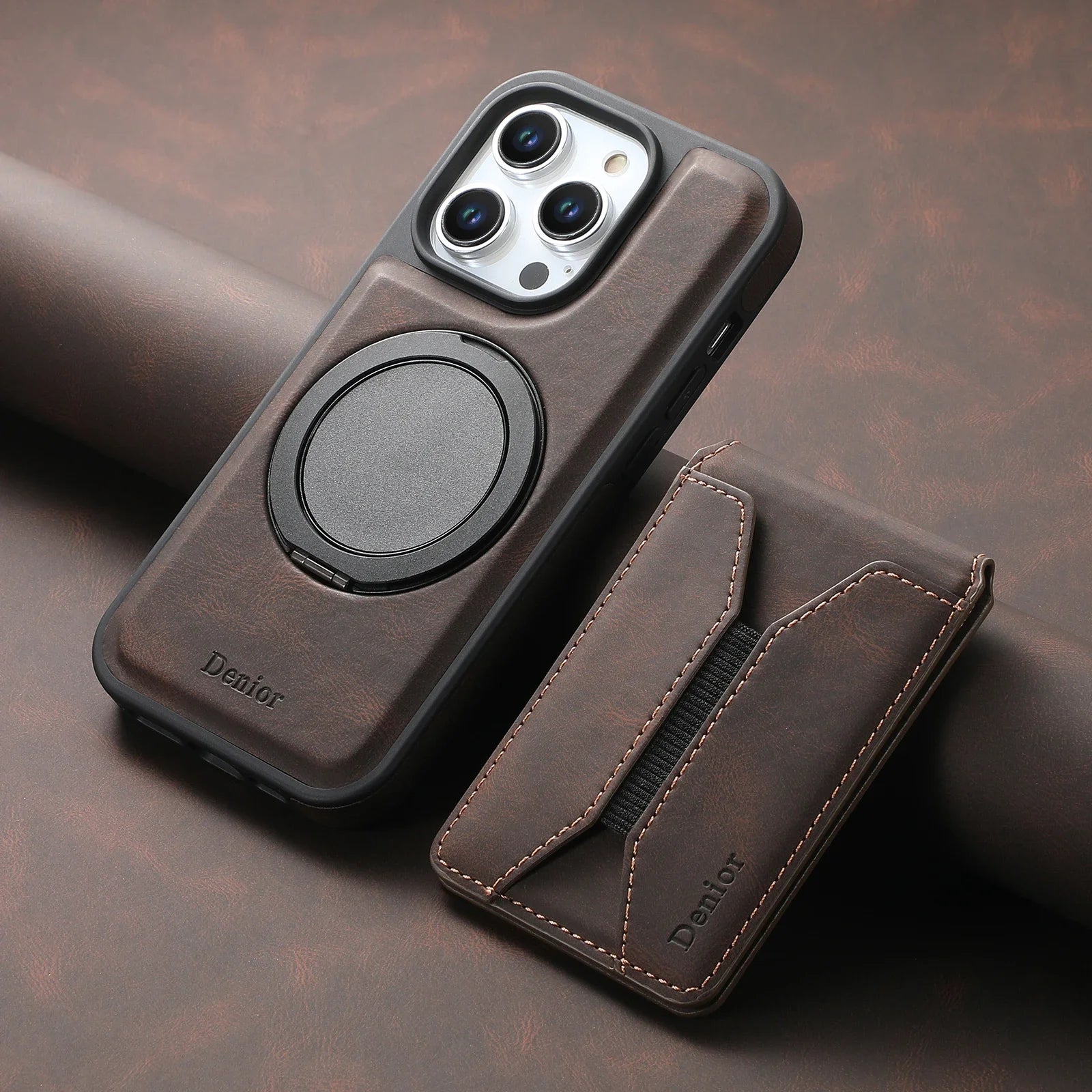 Luxury Magnetic Card Holder iPhone Case – 360° Rotating Stand, Multifunctional Leather Wallet, Shockproof Protection, MagSafe Compatible Cover for iPhone Models