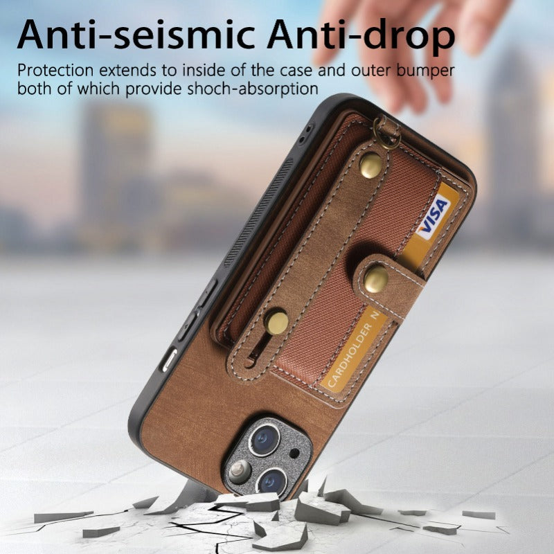 Luxury PU Leather Wallet iPhone Case with Wrist Strap – Stand Function, Card Holder, Protection for Secure and Convenience