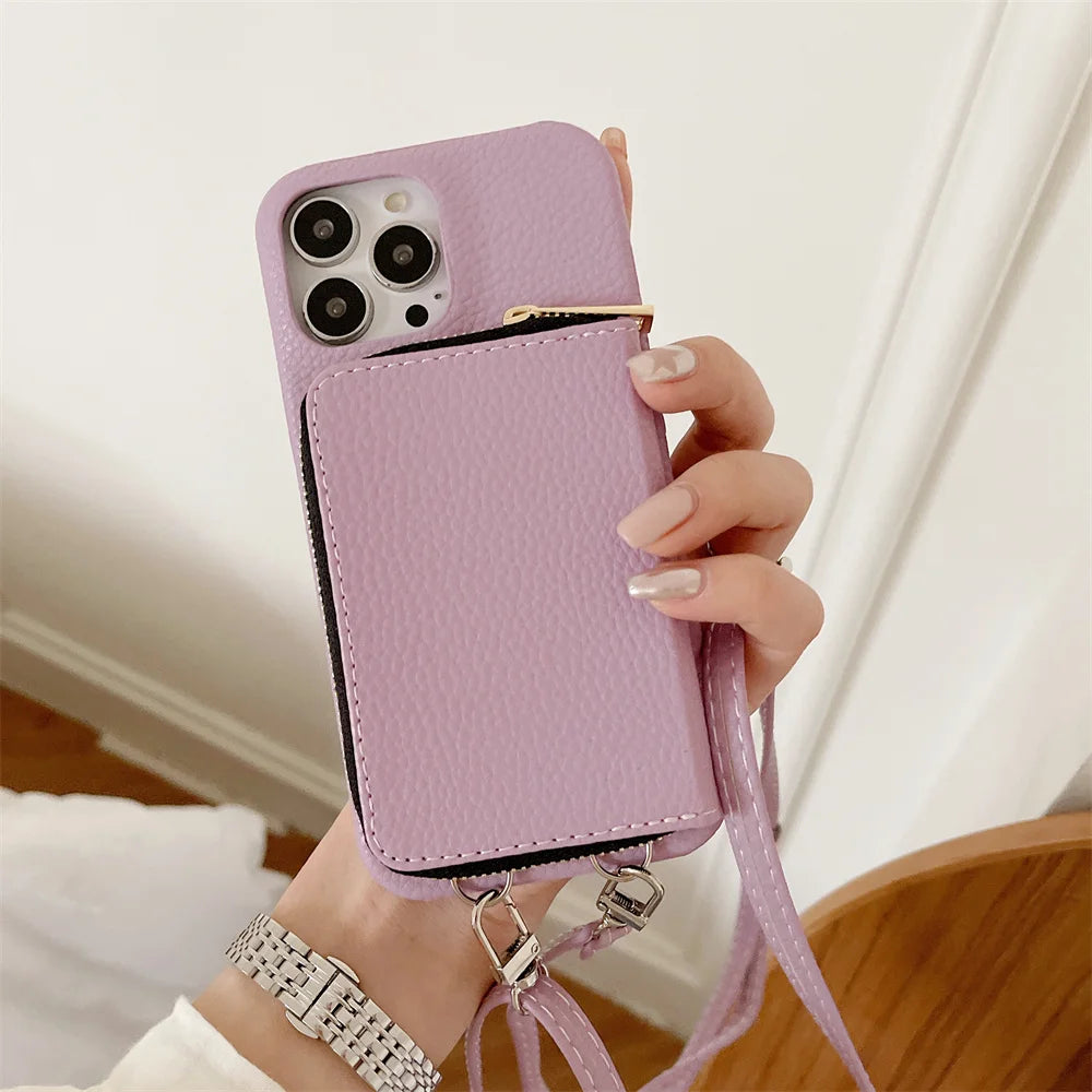 Luxury Zipper Wallet Crossbody iPhone Case – Leather Cover with , Shoulder Lanyard, and Full Protection for iPhone Models