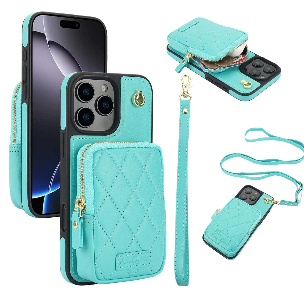 Luxury Crossbody Lanyard iPhone Case – Zipper Wallet Leather Cover with Card Holder, and Full Protection for iPhone Models