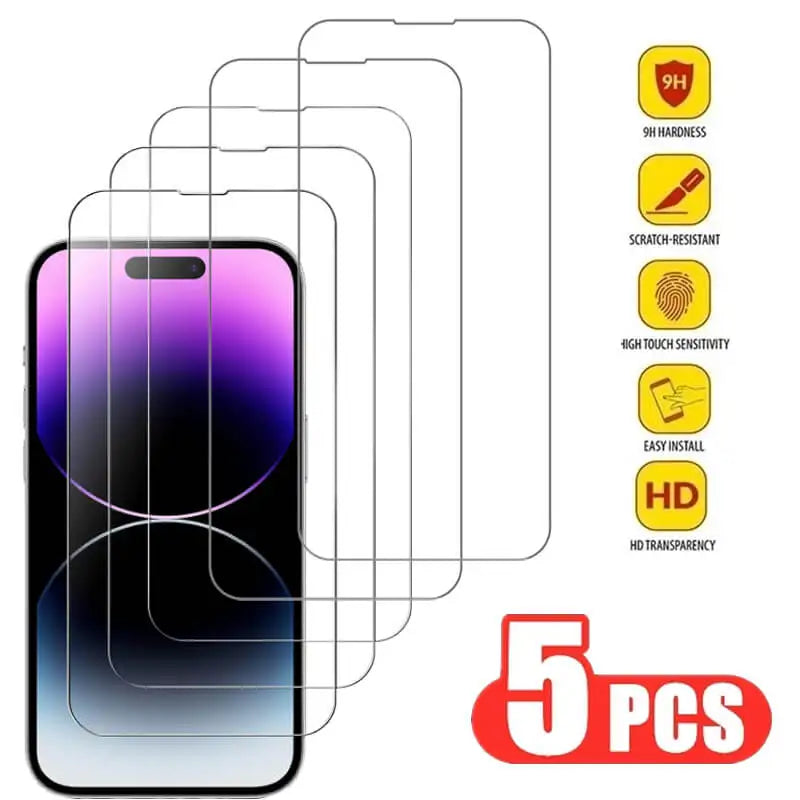 Set of five screen protectors with features and a phone mockup on a white background