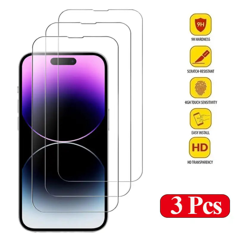 Three phone screen protectors with features listed on a white background