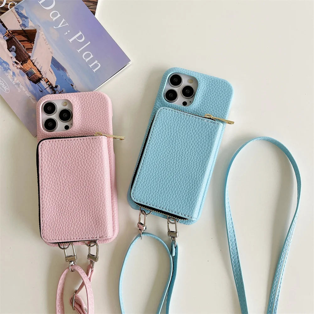 Luxury Zipper Wallet Crossbody iPhone Case – Leather Cover with , Shoulder Lanyard, and Full Protection for iPhone Models