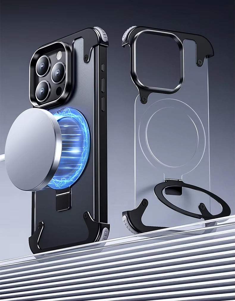 Luxury Edgeless Apple iPhone Case, MagSafe Compatible, Ultra Thin Magnetic  Metal Frame and Aluminum Kickstand