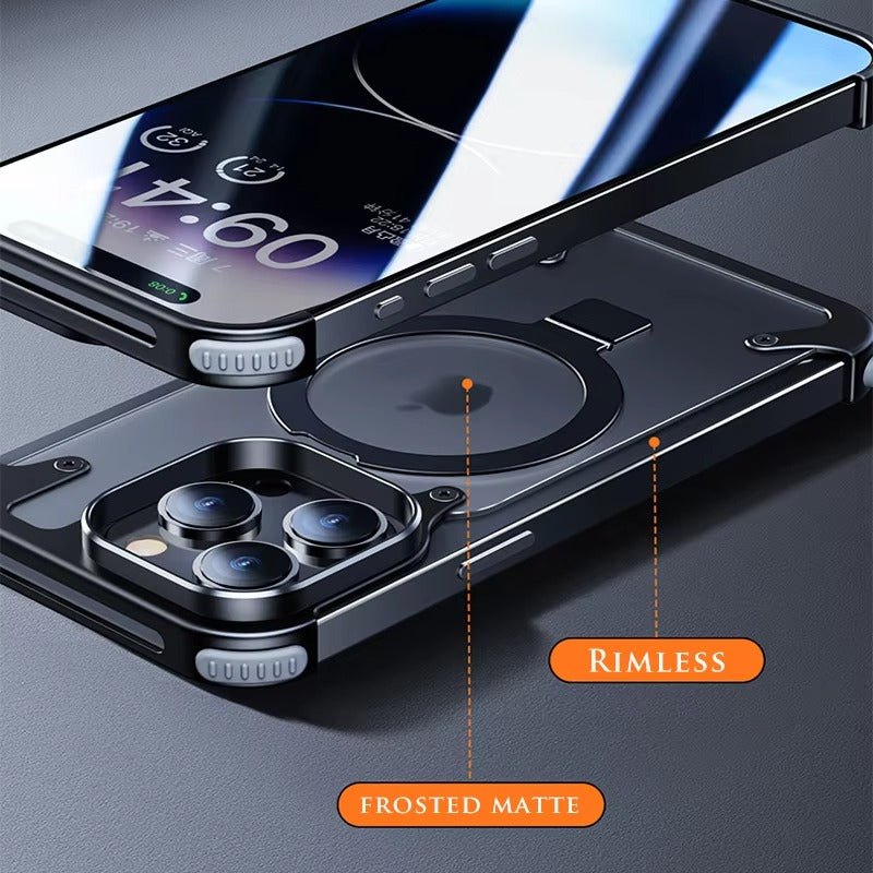 Luxury Edgeless Apple iPhone Case, MagSafe Compatible, Ultra Thin Magnetic  Metal Frame and Aluminum Kickstand