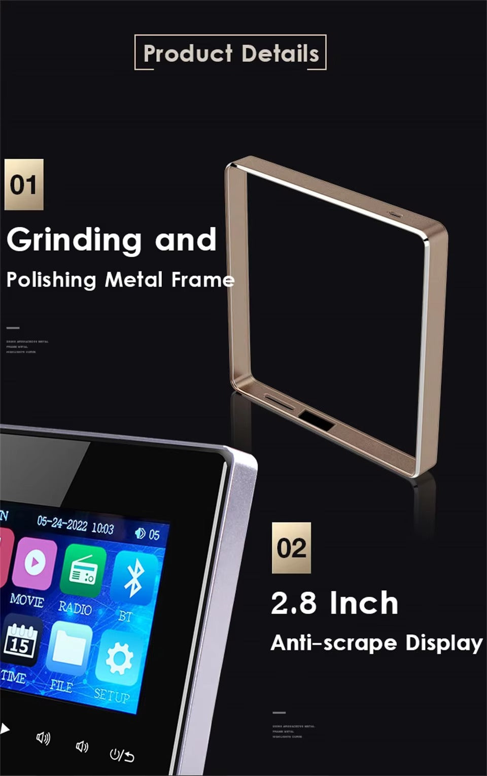 Premium Bluetooth Wall Amplifier for iPhone, 2.8" HD Touchscreen Music Control Panel, Smart Home Stereo System with FM, AUX, and Digital Audio