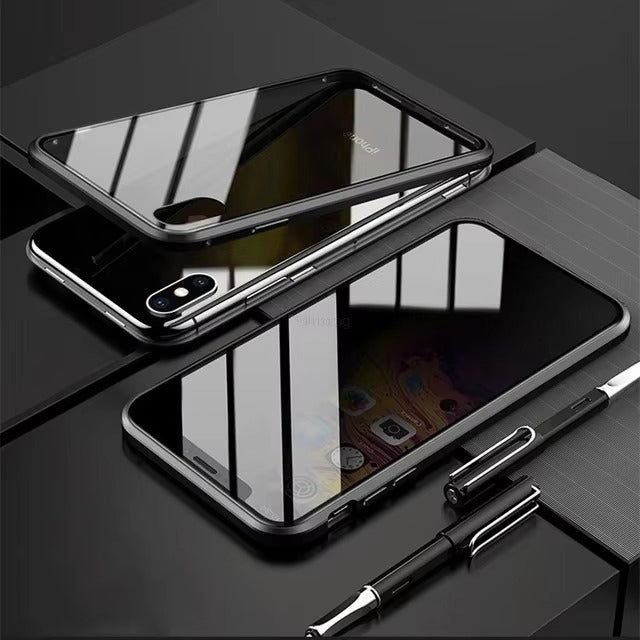 Premium Apple iPhone Case, MagSafe Compatible, Camera Lens & Screen Protection, Ultra Thin, Shockproof, Magnetic Full All Around Cover – 360° Magnetic Metal Case with Tempered Glass Privacy Screen & Anti-Spy Protection