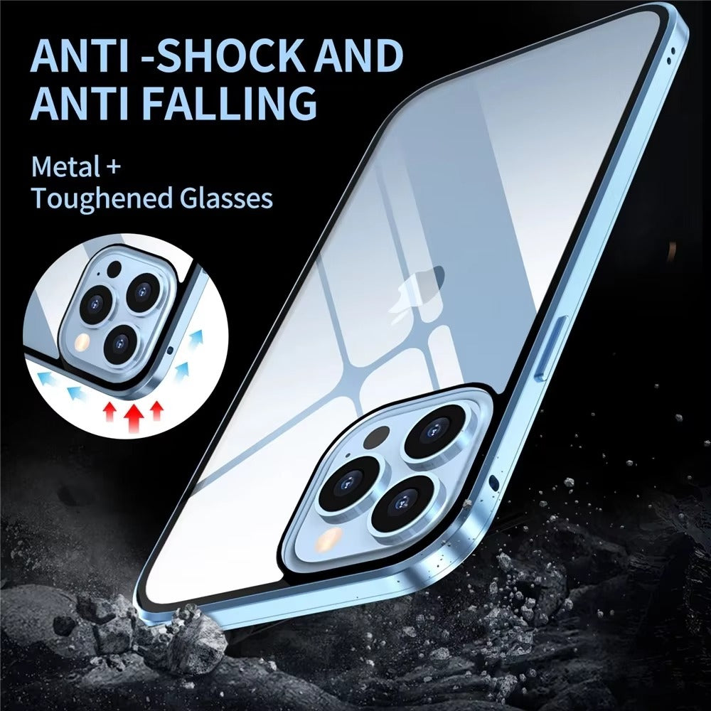 High Quality Apple iPhone Case, MagSafe Compatible, Camera Lens & Screen Protection, Ultra Thin, Shockproof, Magnetic Full All Around Cover – Double Glass Magnetic Case with Anti-Peeping Privacy Screen & Metal Frame Protection