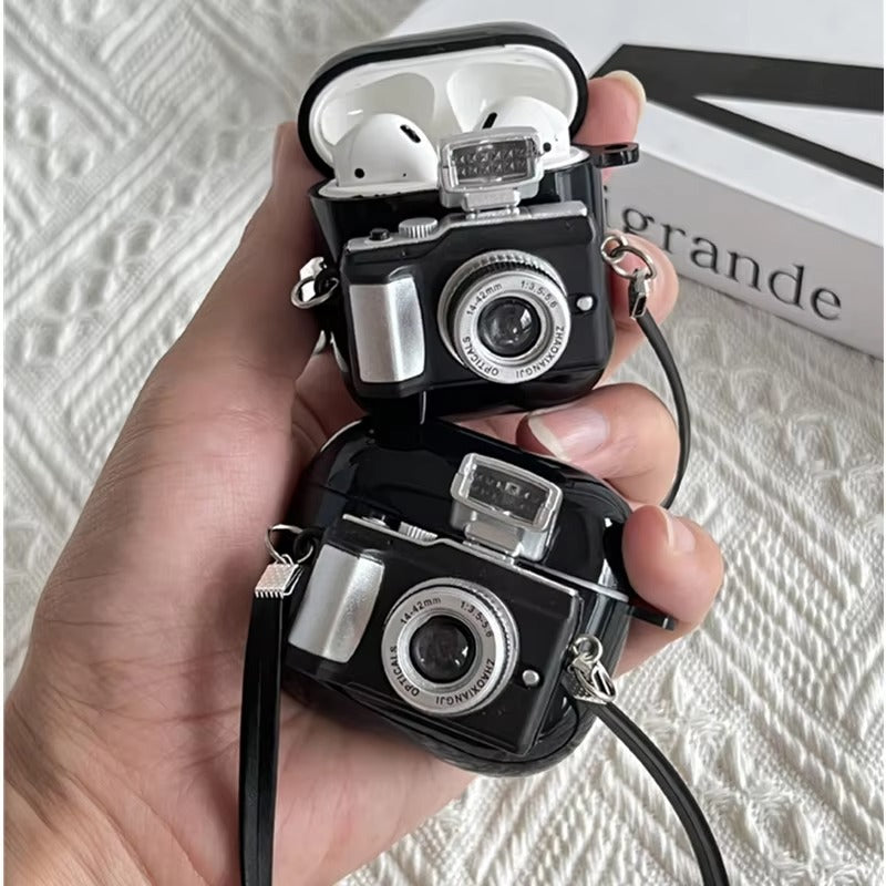 Creative Camera Earphone Case with Strap for AirPods 1, 2, 3, 4, Pro, Pro 2 – Soft Silicone Protective Cover for Wireless Charging Headphones, Fun Design