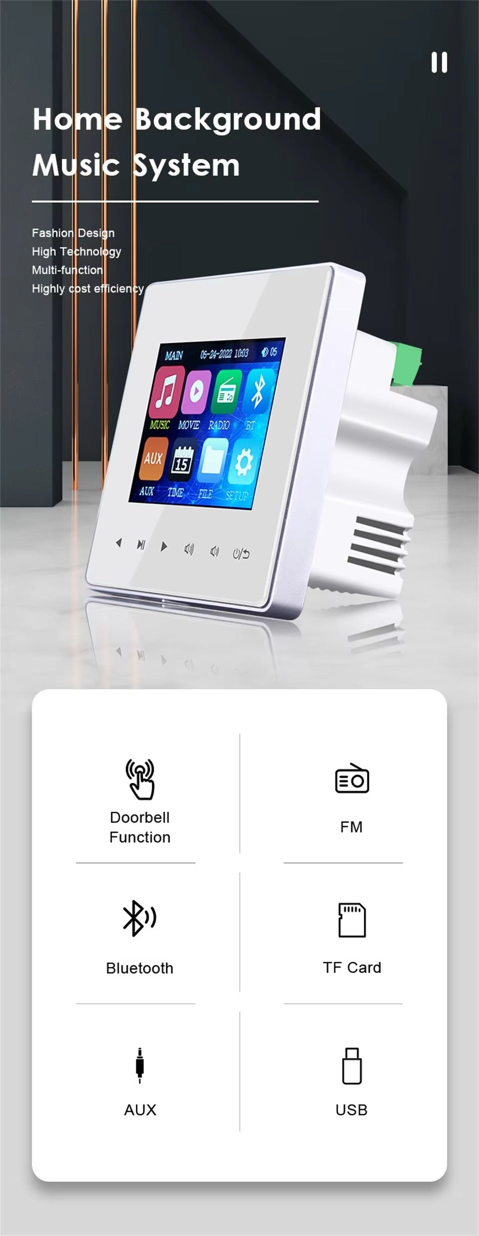 Premium Bluetooth Wall Amplifier for iPhone, 2.8" HD Touchscreen Music Control Panel, Smart Home Stereo System with FM, AUX, and Digital Audio
