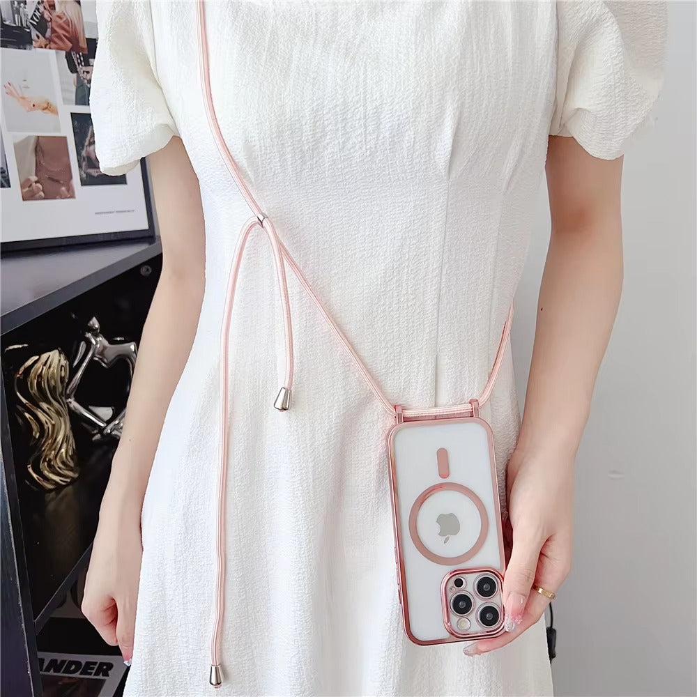 Luxury Apple iPhone Case, MagSafe Compatible, Camera Lens & Screen Protection, Ultra Thin, Shockproof, Magnetic Full All Around Cover – Clear Plating Soft Case with Necklace Lanyard Cord