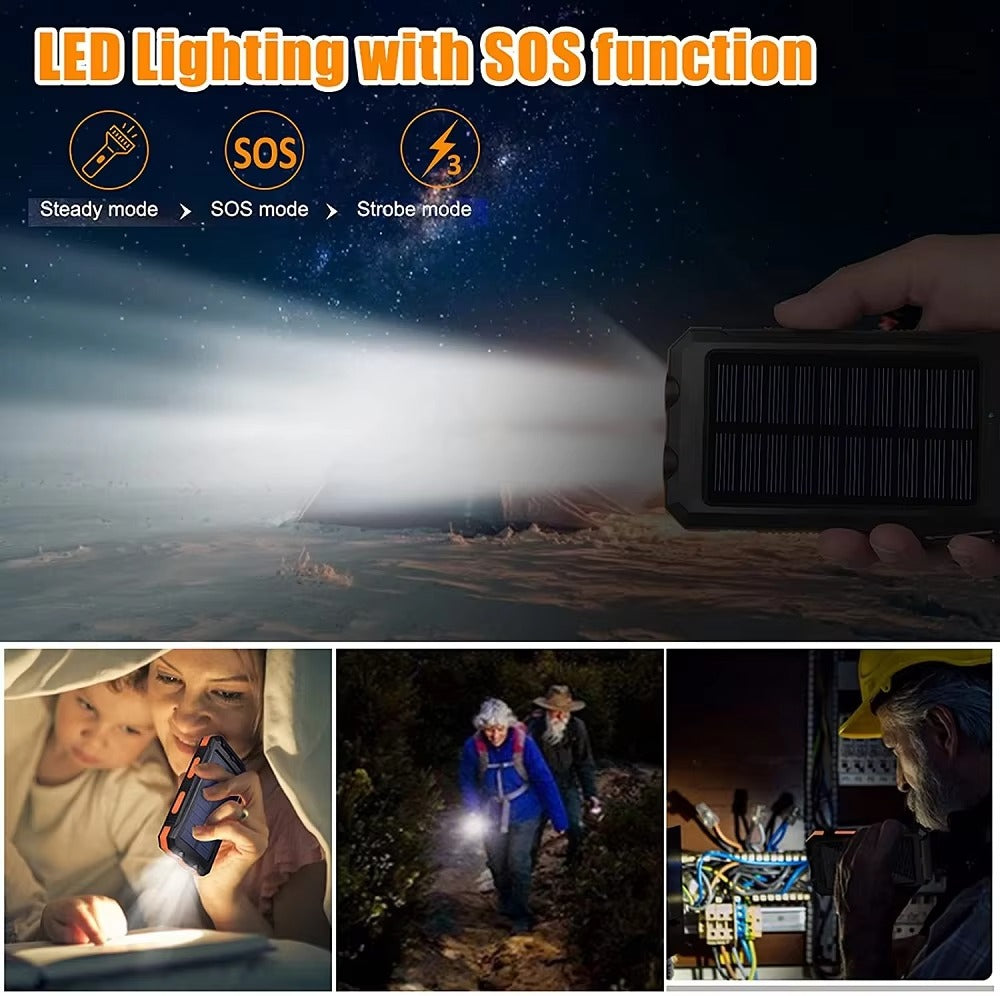 Robust 80000mAh Solar Power Bank – Portable Waterproof Charger with Dual USB, Strong LED Flashlight, Digital Display, Compass & Outdoor Emergency Features