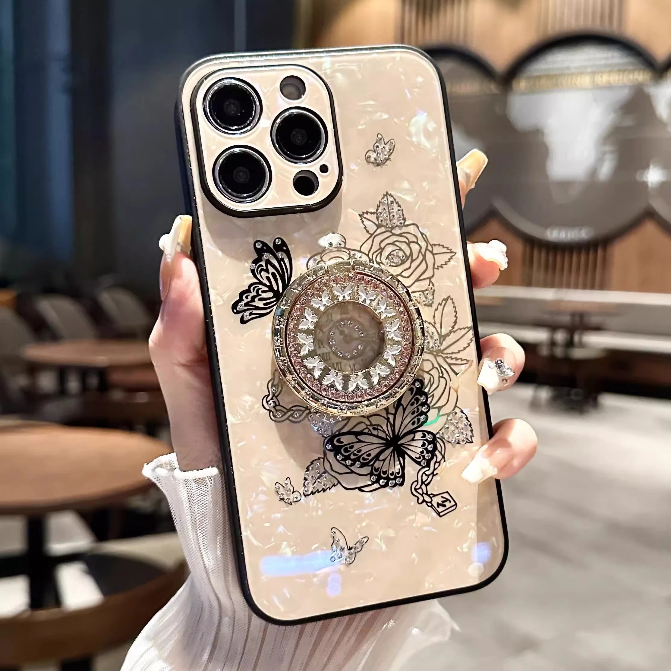 Luxury Apple iPhone Case, MagSafe Compatible, Camera Lens & Screen Protection, Ultra Thin, Shockproof, Magnetic Full All Around Cover – Butterfly Flower Pattern Silicone Case with Diamond Ring Holder & Hard Back Protection
