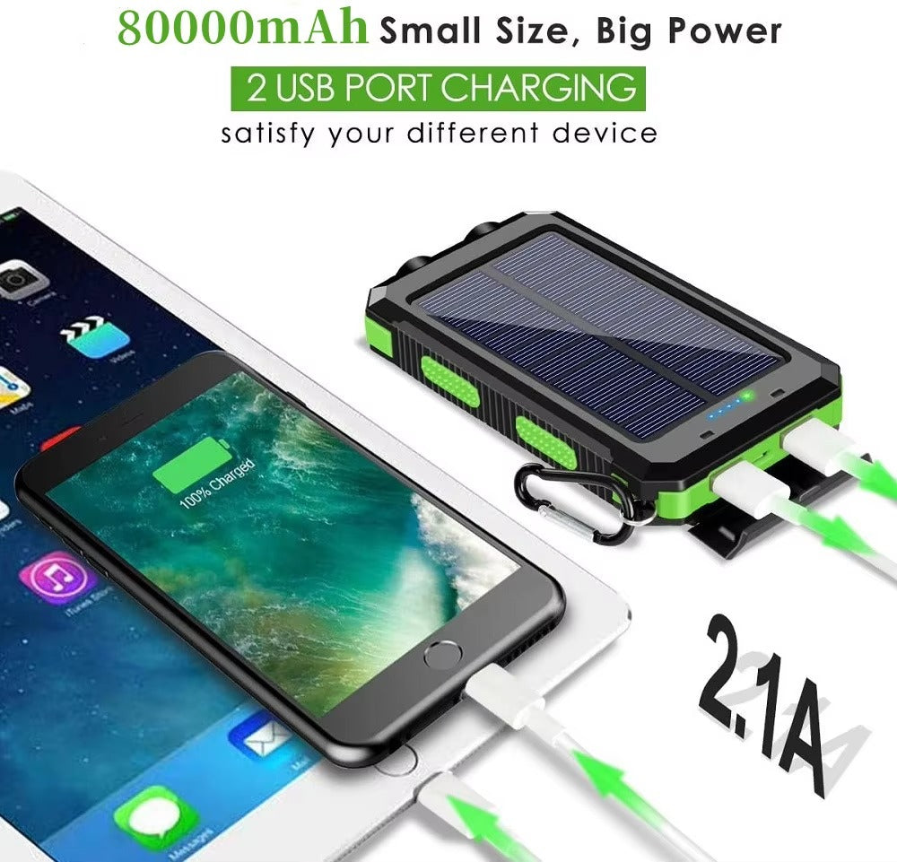 Robust 80000mAh Solar Power Bank – Portable Waterproof Charger with Dual USB, Strong LED Flashlight, Digital Display, Compass & Outdoor Emergency Features